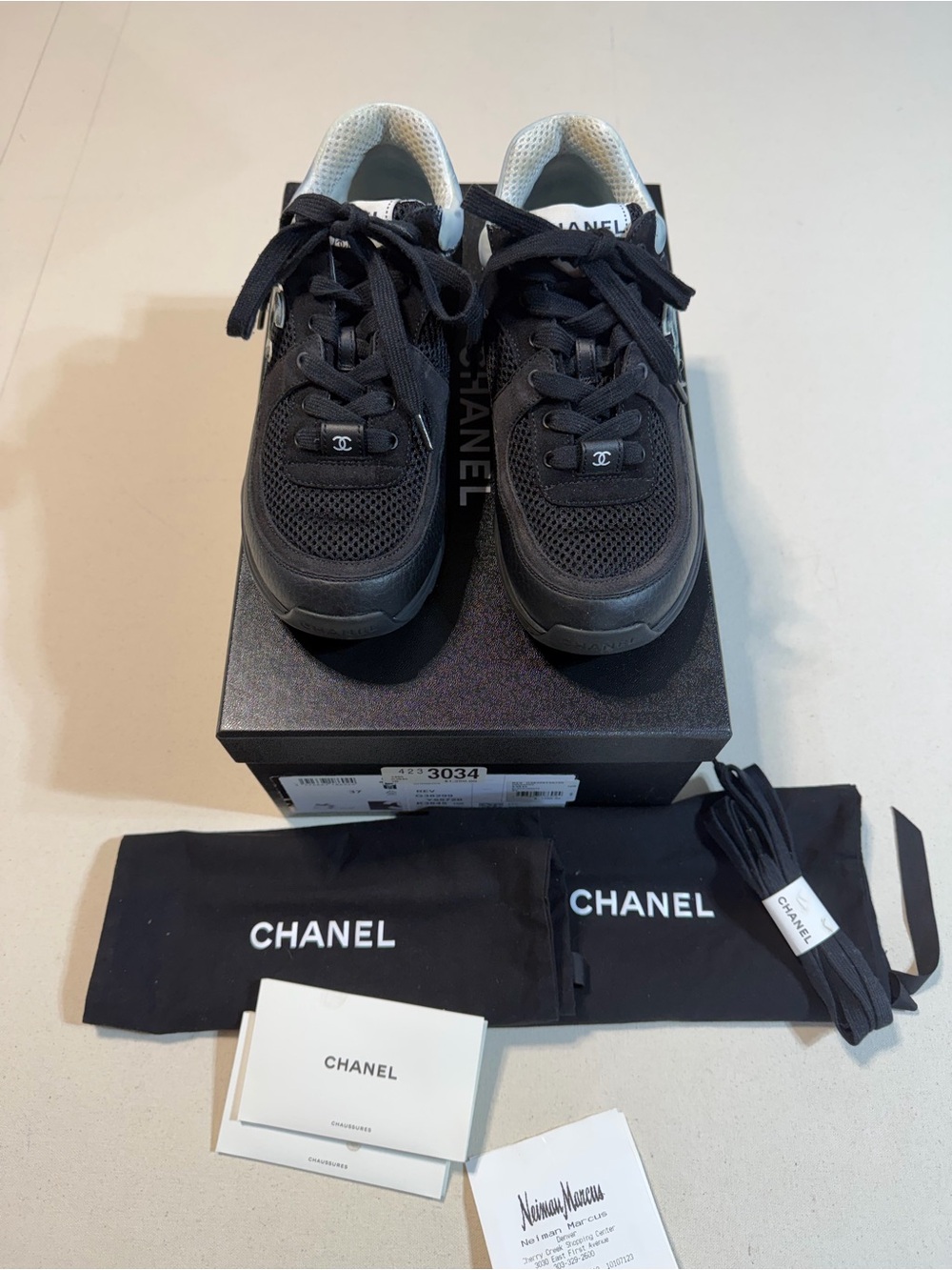 CHANEL Black Mesh & Leather Low-Top Sneakers